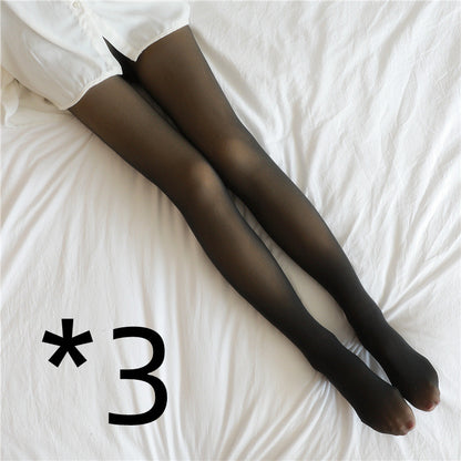 Elegant Women's Translucent Plus Size Leggings Fleece Tights Fall And Winter Warm Fleece 3pcs Black skin with feet 220g fleece and thickened