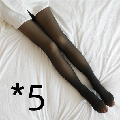 Elegant Women's Translucent Plus Size Leggings Fleece Tights Fall And Winter Warm Fleece 5pcs Black skin with feet 220g fleece and thickened