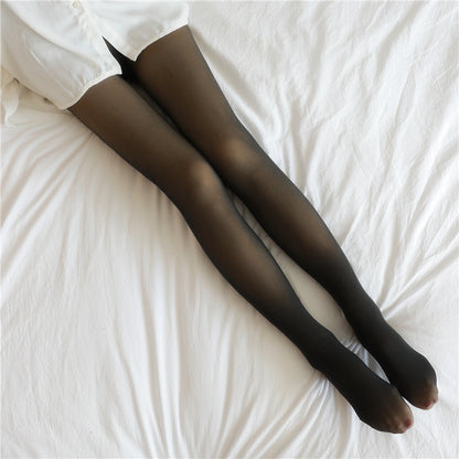 Elegant Women's Translucent Plus Size Leggings Fleece Tights Fall And Winter Warm Fleece Black skin with feet 220g fleece and thickened