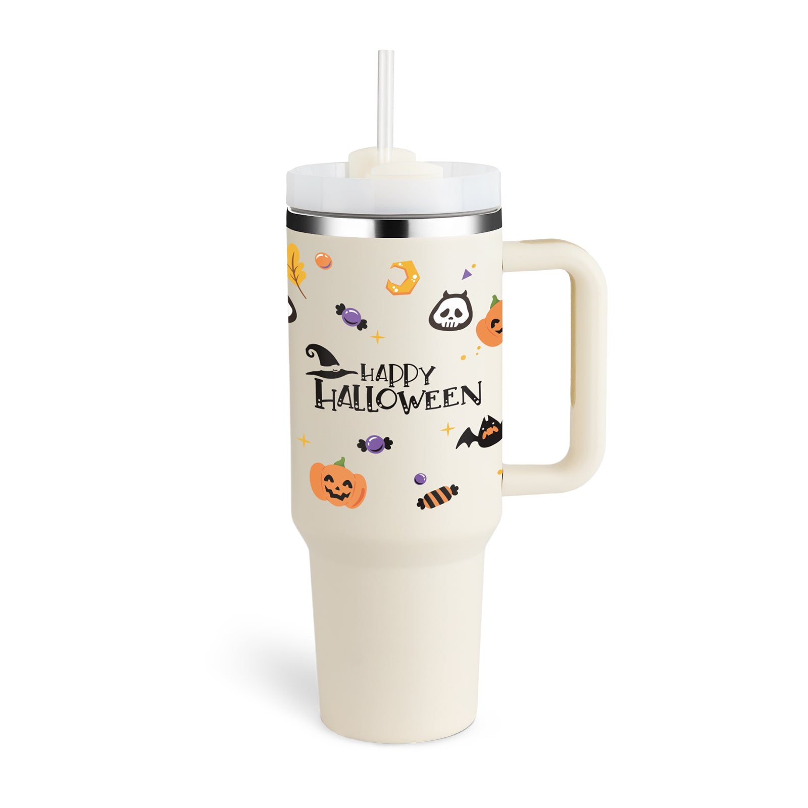 Ochapa 40 Oz Tumbler With Straw Insulated Stainless Steel Spill Proof Vacuum Halloween Cream white 1200ML