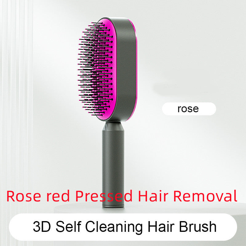 Hair Brush For Women One-key Cleaning Hair Loss Airbag Scalp Comb Hairbrush Rose red Pressed Hair Removal