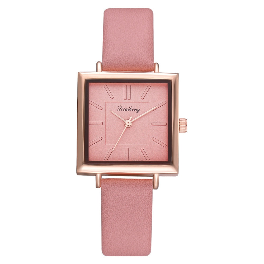 Elegant Square Women's Bracelet Wrist Watch Leather Crystal Ladies Quartz Clock Pink