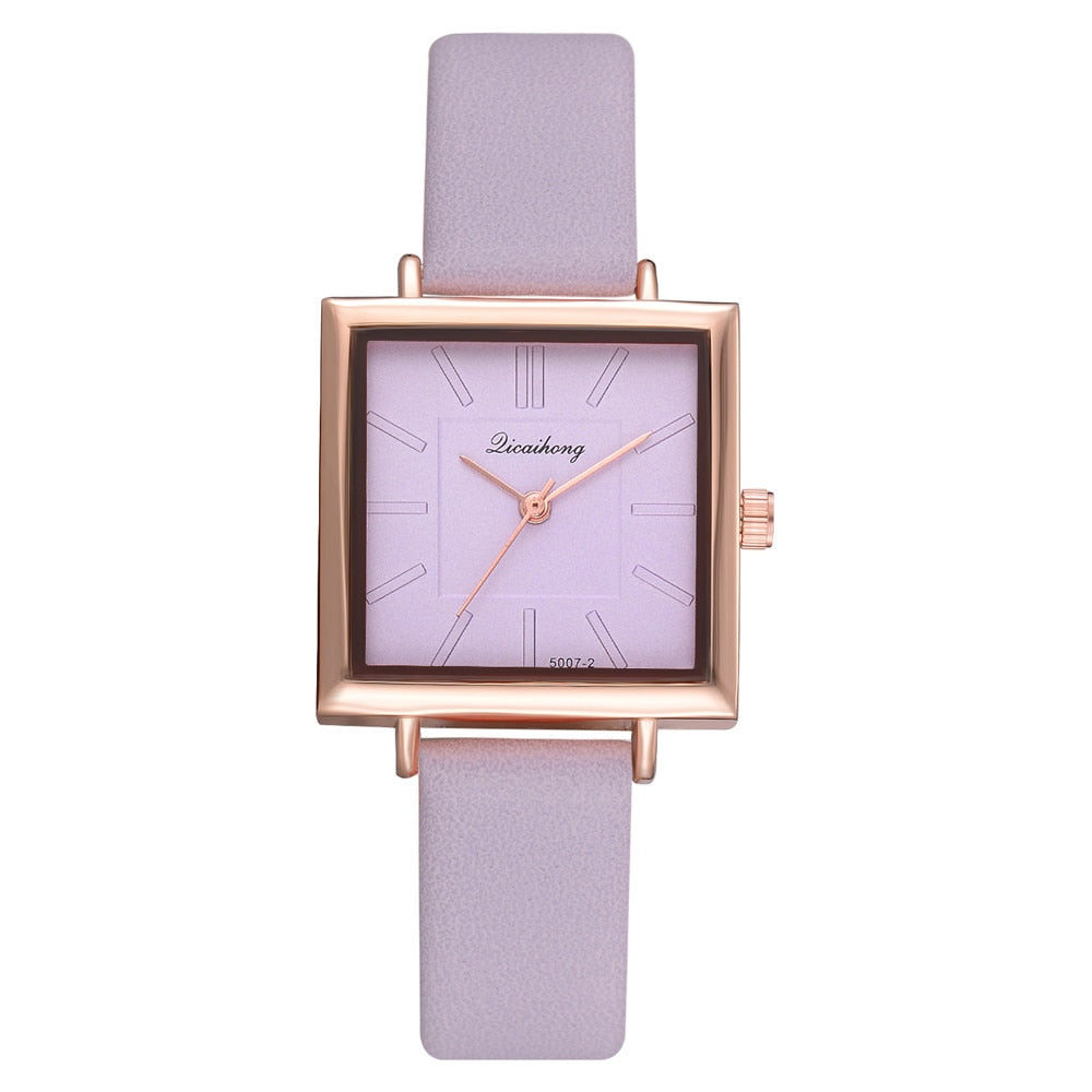 Elegant Square Women's Bracelet Wrist Watch Leather Crystal Ladies Quartz Clock Purple