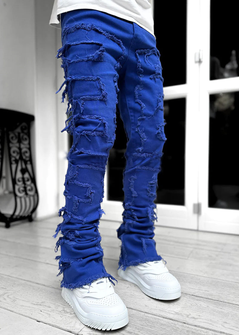 Cute Men's Trousers Individual Patched Pants Long Tight Fit Jeans For Mens Clothing Blue L