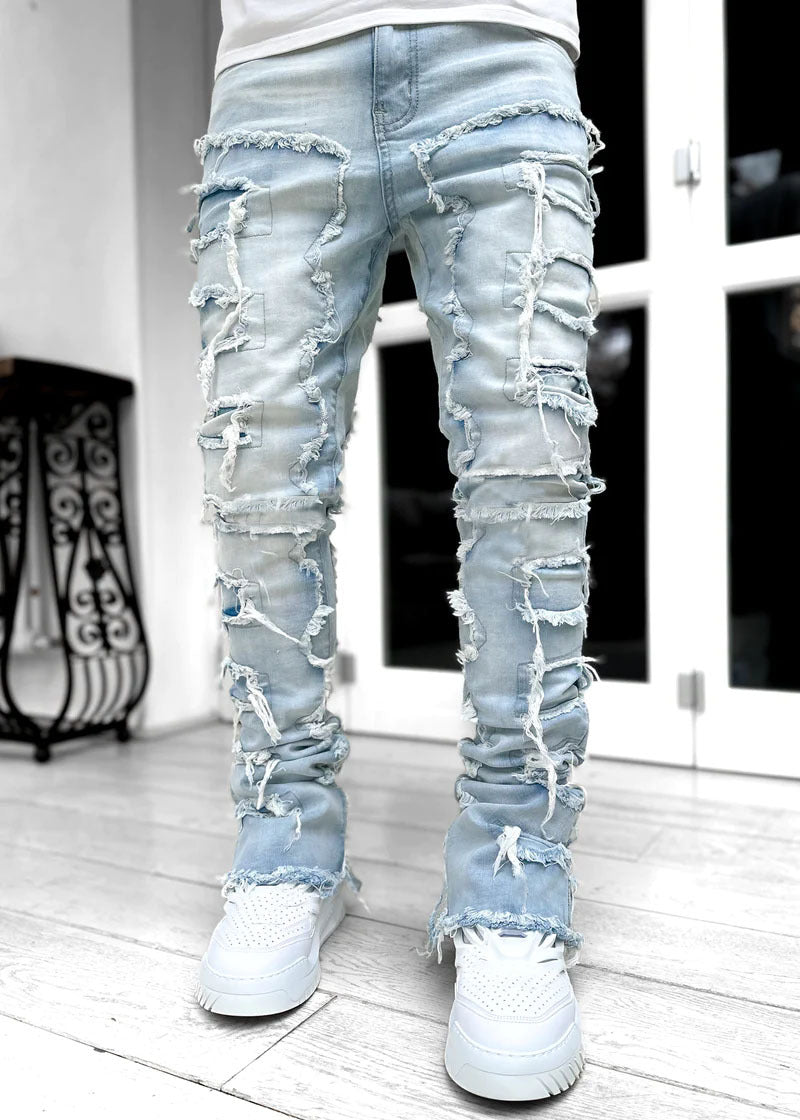 Cute Men's Trousers Individual Patched Pants Long Tight Fit Jeans For Mens Clothing Light Blue L