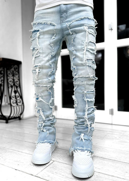 Cute Men's Trousers Individual Patched Pants Long Tight Fit Jeans For Mens Clothing Light Blue S