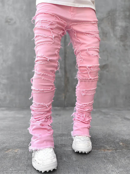 Cute Men's Trousers Individual Patched Pants Long Tight Fit Jeans For Mens Clothing Pink L