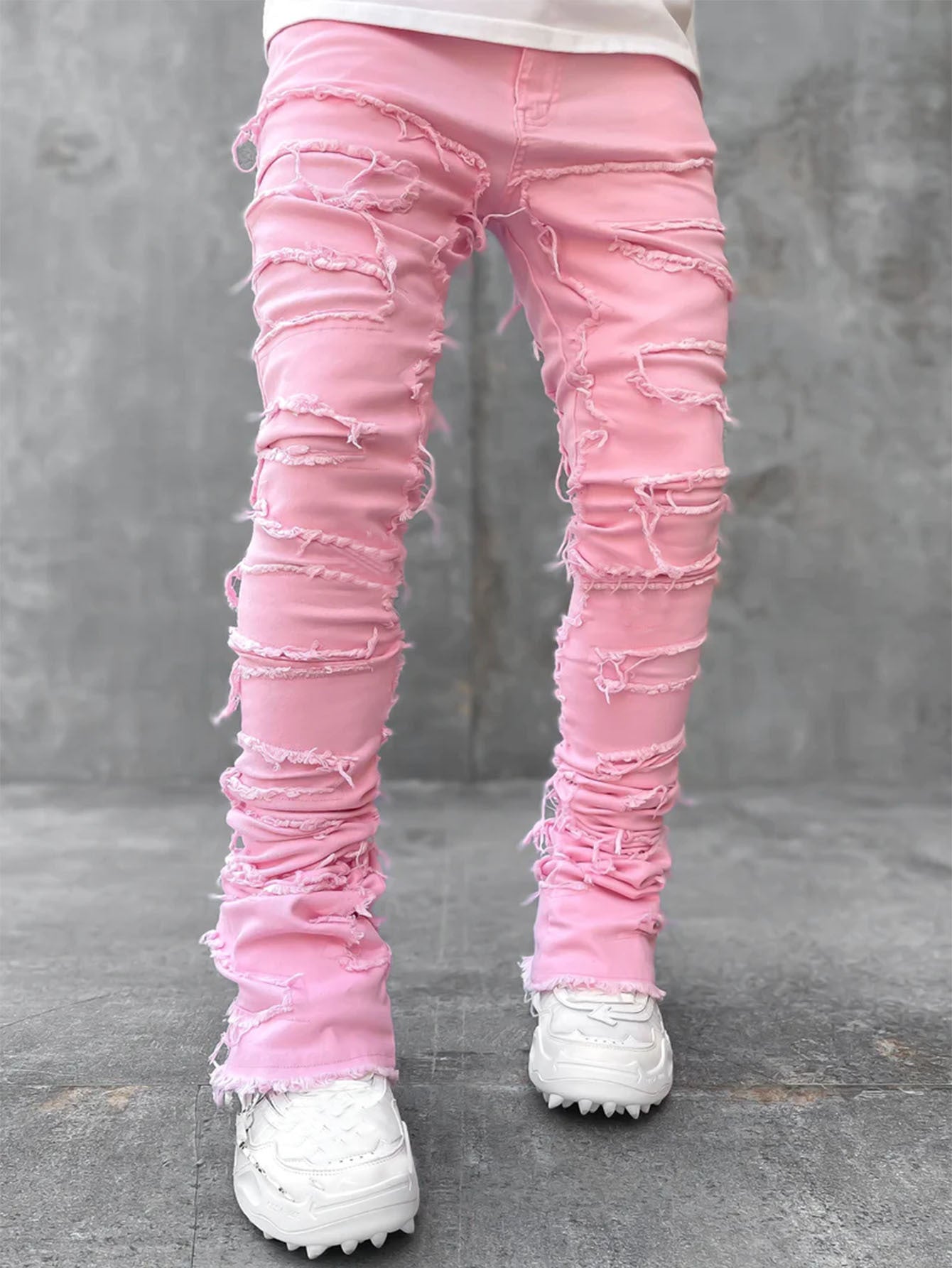 Cute Men's Trousers Individual Patched Pants Long Tight Fit Jeans For Mens Clothing Pink M