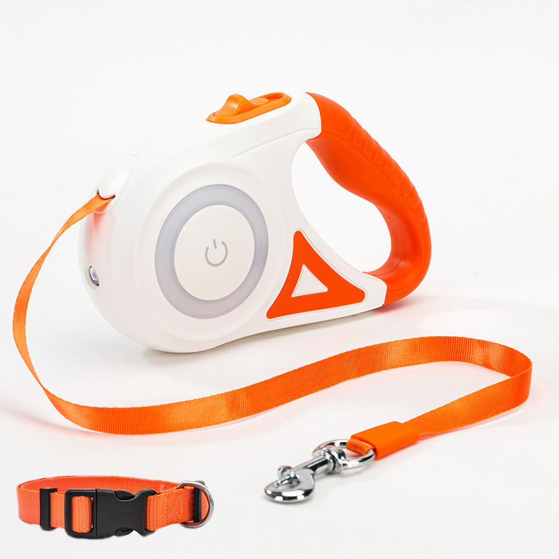 Dog Retractable Leash And Dog Collar Spotlight Pet Dog Cat Traction Rope Orange 5M Tow rope and small collar