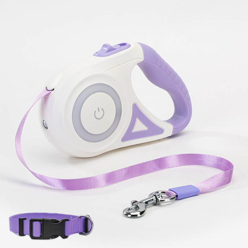 Dog Retractable Leash And Dog Collar Spotlight Pet Dog Cat Traction Rope Purple 5M Tow rope and large collar