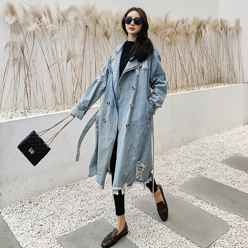 Retro Denim Trench Coat Women Blue L