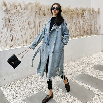 Retro Denim Trench Coat Women Blue M