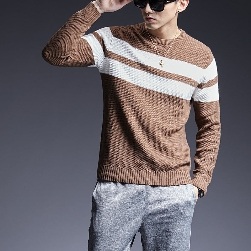 Cute Men's Sweater All-match Sweater Striped Sweater Males Brown L