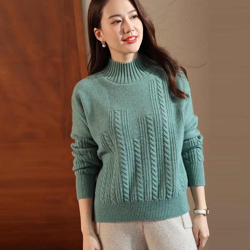 Lovely Female Warm Turtleneck Wool Sweater Women Bean Green L