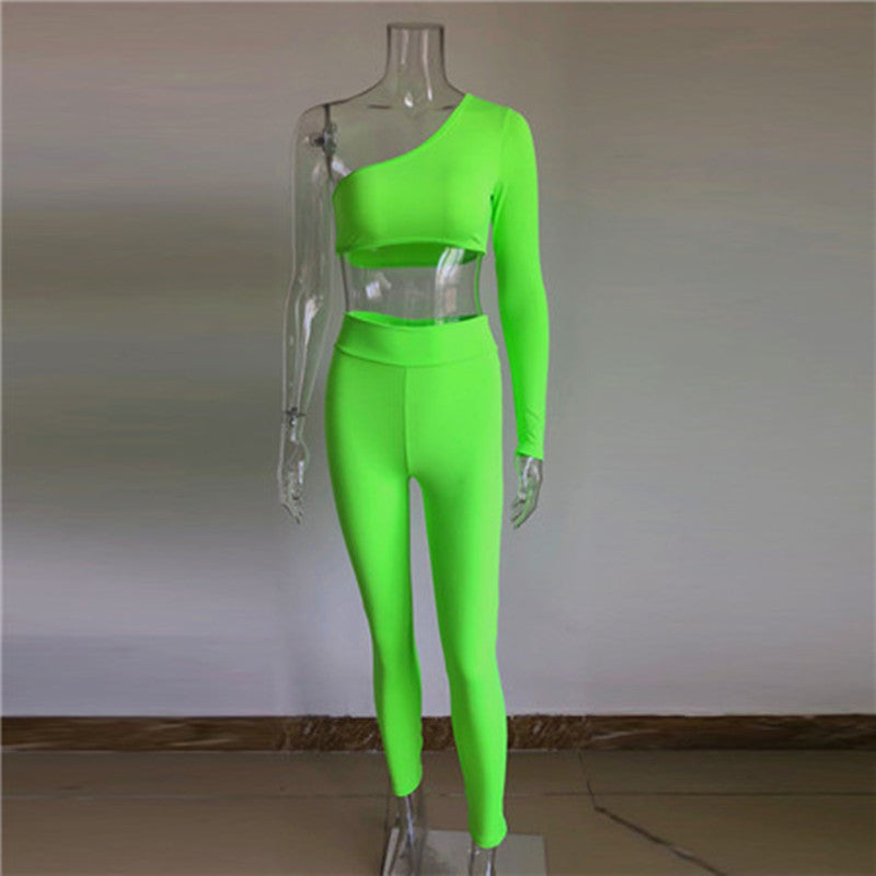 Lovely Women's One-shoulder Top Skinny Pants Trousers Suit Green L