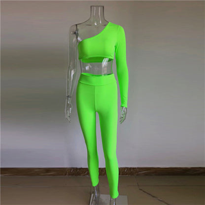 Lovely Women's One-shoulder Top Skinny Pants Trousers Suit Green S