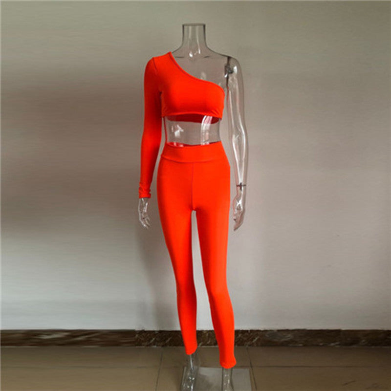 Lovely Women's One-shoulder Top Skinny Pants Trousers Suit Orange L