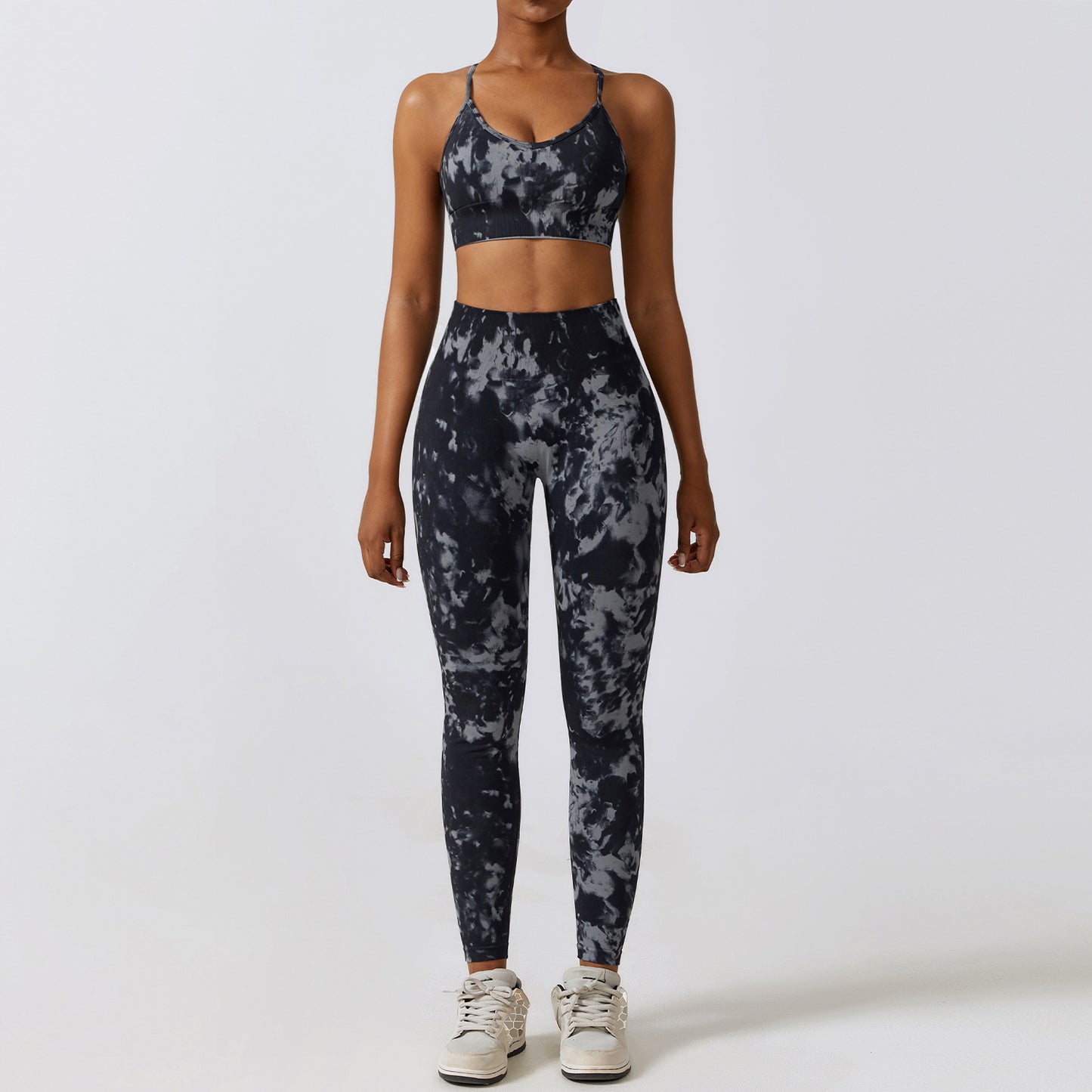 Camouflage Seamless Yoga Suit Quick-drying High Waist Running Workout Clothes Black And Gray Bra Trousers L