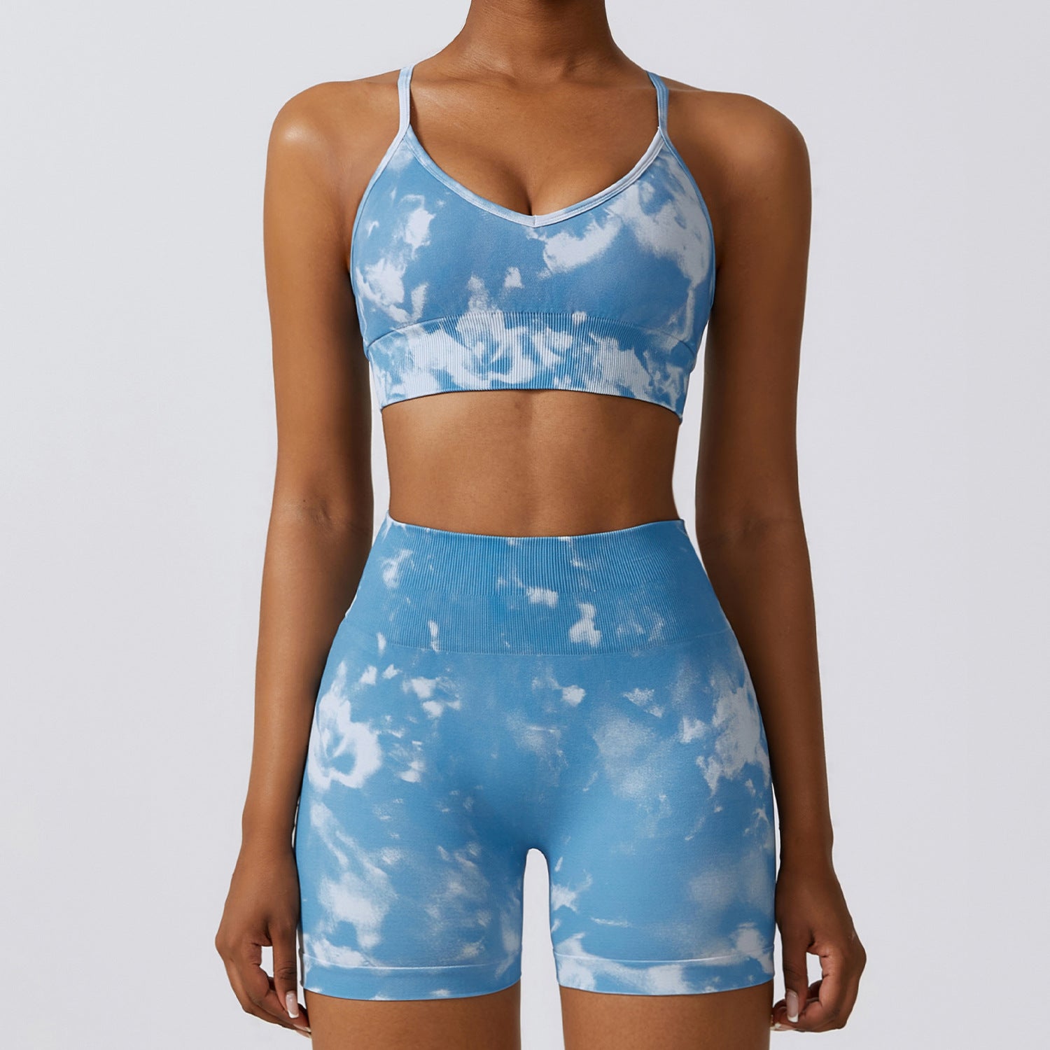 Camouflage Seamless Yoga Suit Quick-drying High Waist Running Workout Clothes Blue Bra Shorts L