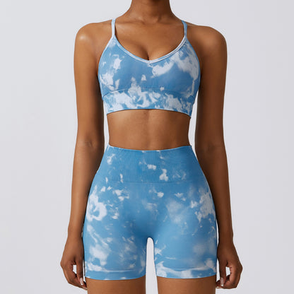 Camouflage Seamless Yoga Suit Quick-drying High Waist Running Workout Clothes Blue Bra Shorts L