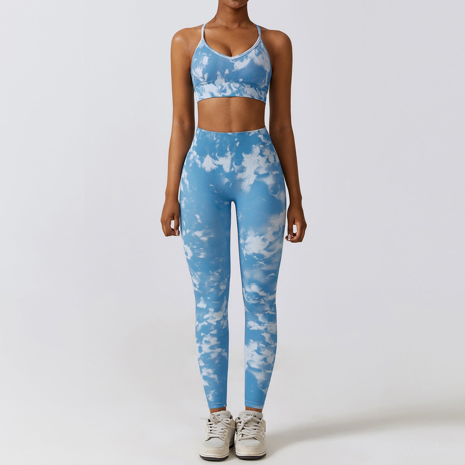 Camouflage Seamless Yoga Suit Quick-drying High Waist Running Workout Clothes Blue Bra Trousers L