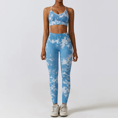 Camouflage Seamless Yoga Suit Quick-drying High Waist Running Workout Clothes Blue Bra Trousers S