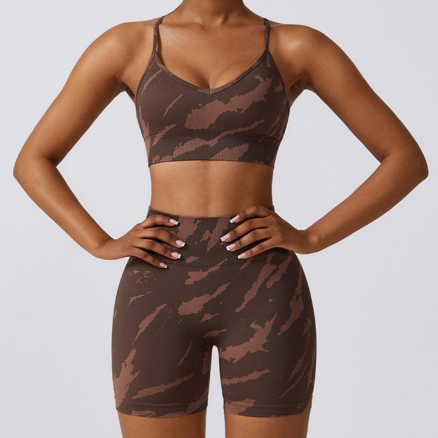 Camouflage Seamless Yoga Suit Quick-drying High Waist Running Workout Clothes Brown Bra Shorts L