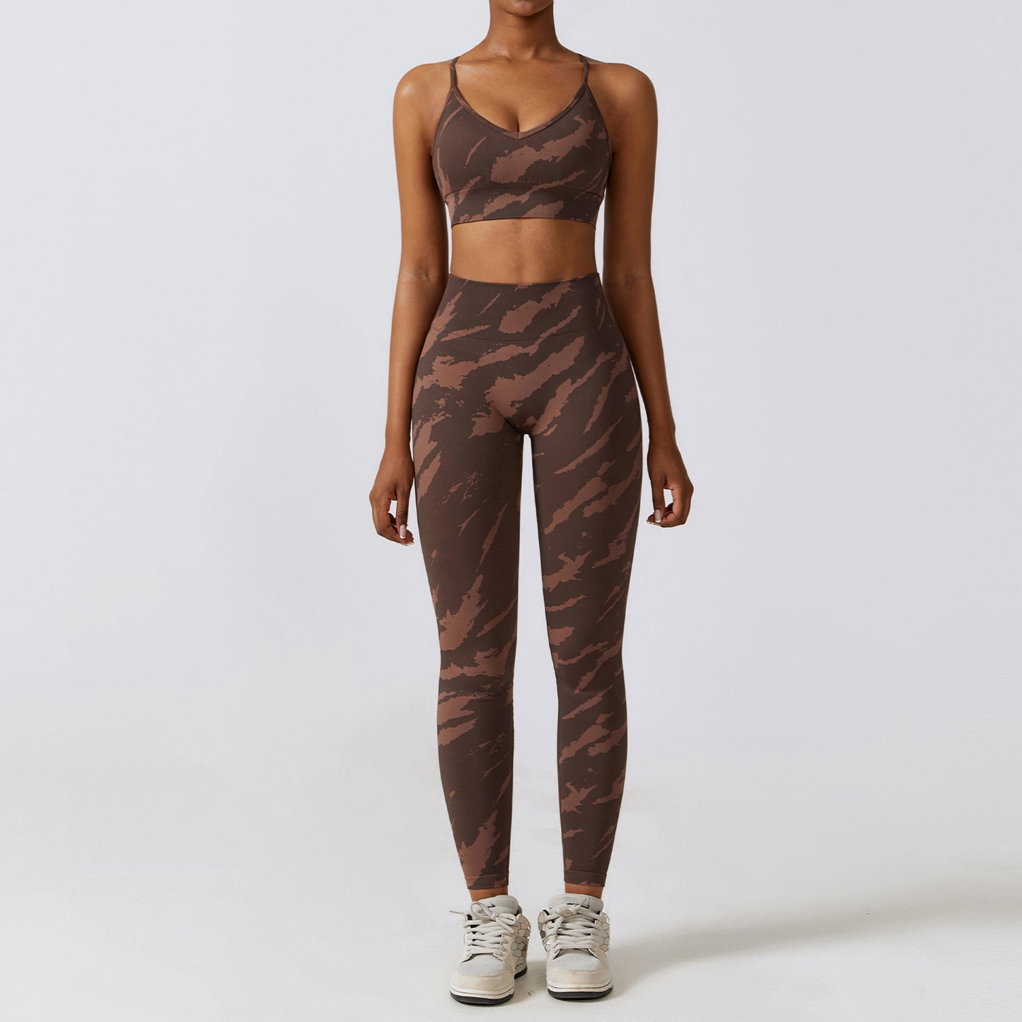 Camouflage Seamless Yoga Suit Quick-drying High Waist Running Workout Clothes Brown Bra Trousers L