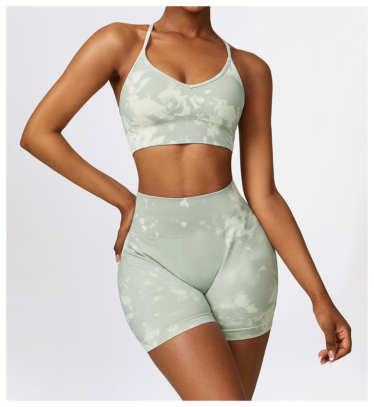 Camouflage Seamless Yoga Suit Quick-drying High Waist Running Workout Clothes Light Grayish Green Bra Shorts M