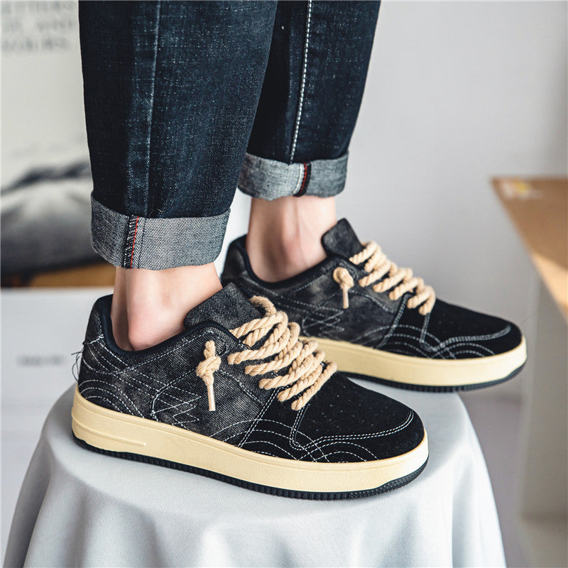 Leisure Denim Board Shoes Men Lace-up Flats Skateboard Black Whirlwind 39