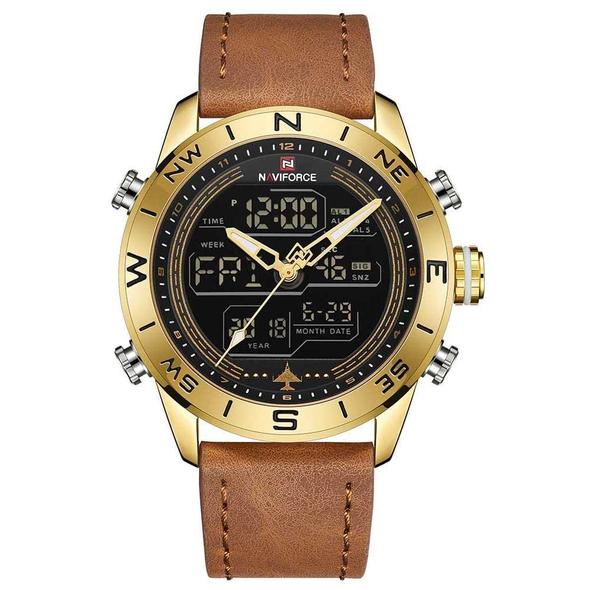 NAVIFORCE Men Sport Watches LED Analog Digital Watch Quartz Watch Brown belt gold shell