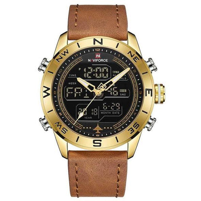 NAVIFORCE Men Sport Watches LED Analog Digital Watch Quartz Watch Brown belt gold shell