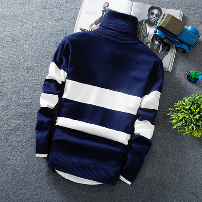 Gorgeous Men's Autumn Long-sleeved Colorblock Striped Turtleneck Sweater 2023