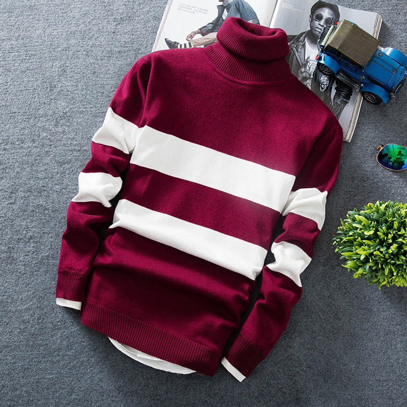 Gorgeous Men's Autumn Long-sleeved Colorblock Striped Turtleneck Sweater 2023