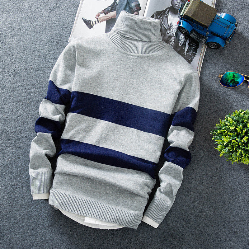 Gorgeous Men's Autumn Long-sleeved Colorblock Striped Turtleneck Sweater 2023