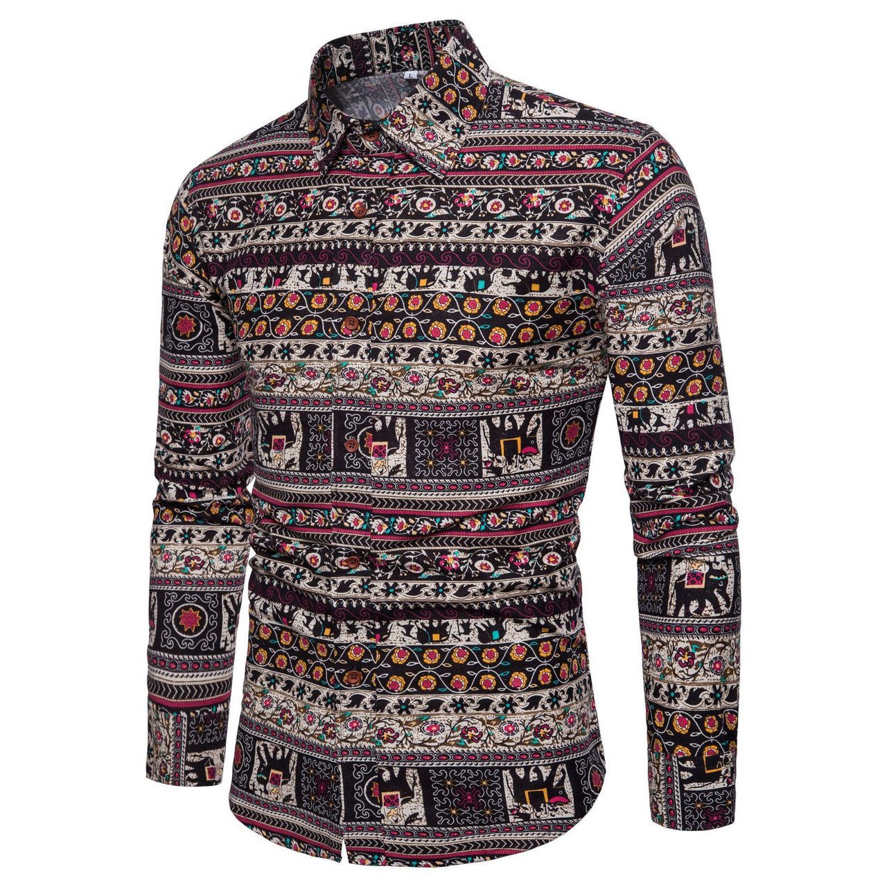 Casual Men's Long Sleeve Cotton Flower Shirt