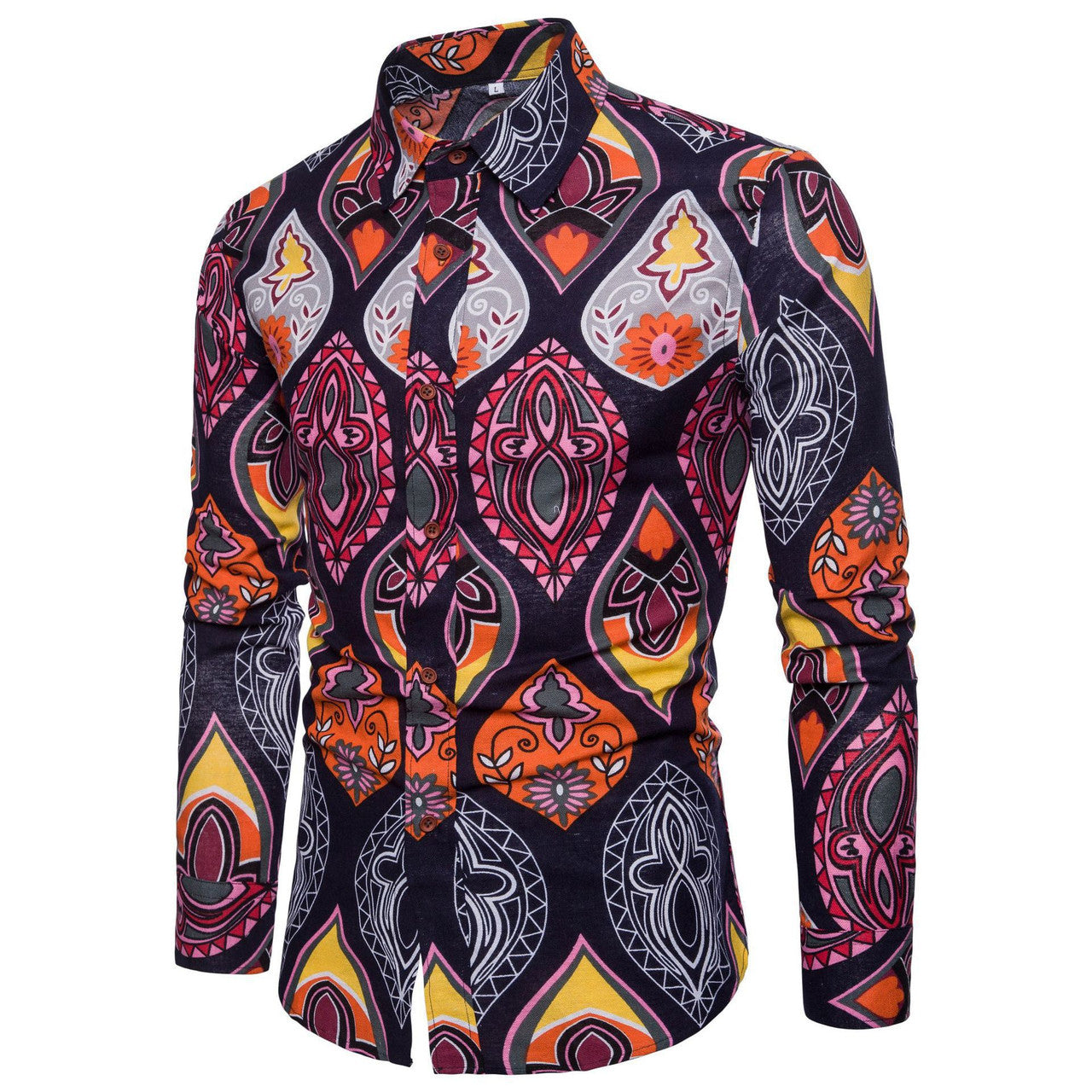 Casual Men's Long Sleeve Cotton Flower Shirt