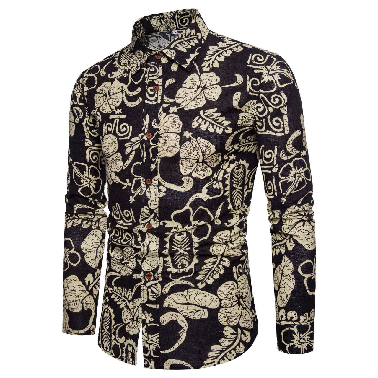 Casual Men's Long Sleeve Cotton Flower Shirt