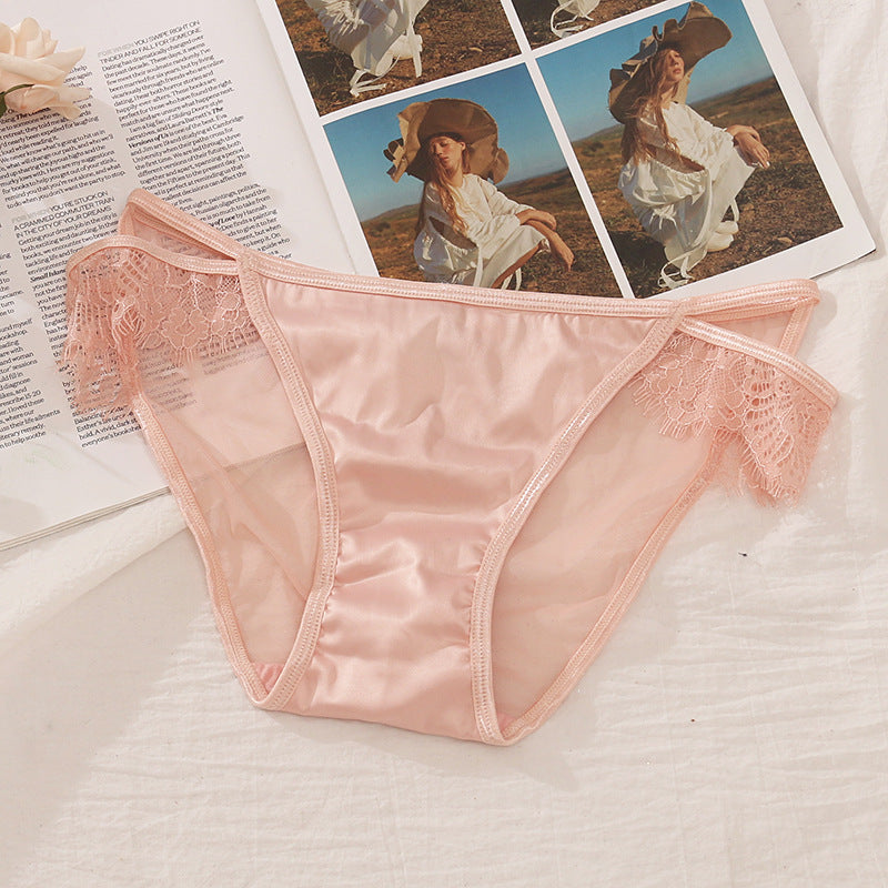 Lovely Female Lace Satin Women's Panties With Lashes Light Pink