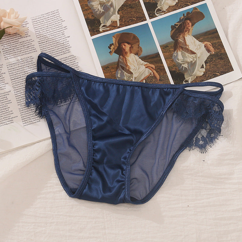 Lovely Female Lace Satin Women's Panties With Lashes Royal Blue