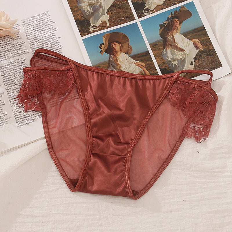 Lovely Female Lace Satin Women's Panties With Lashes Wine Red