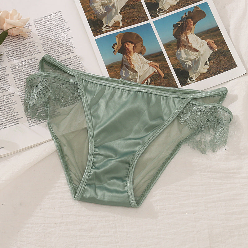 Lovely Female Lace Satin Women's Panties With Lashes Light Green