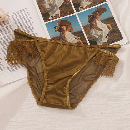 Lovely Female Lace Satin Women's Panties With Lashes Khaki