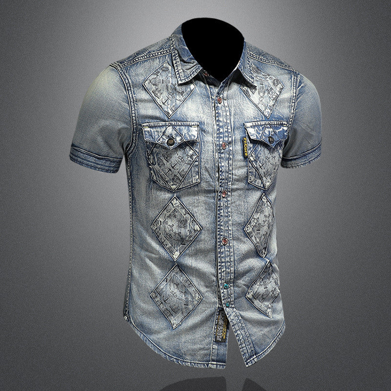 Cute Men's Denim Short Sleeve Shirt Men