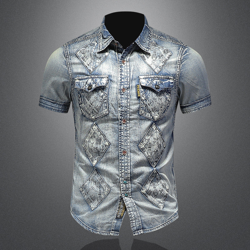 Cute Men's Denim Short Sleeve Shirt Men