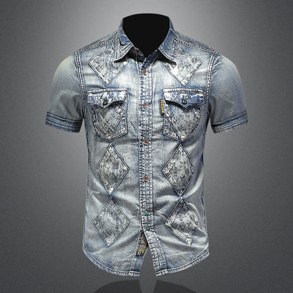 Cute Men's Denim Short Sleeve Shirt Men