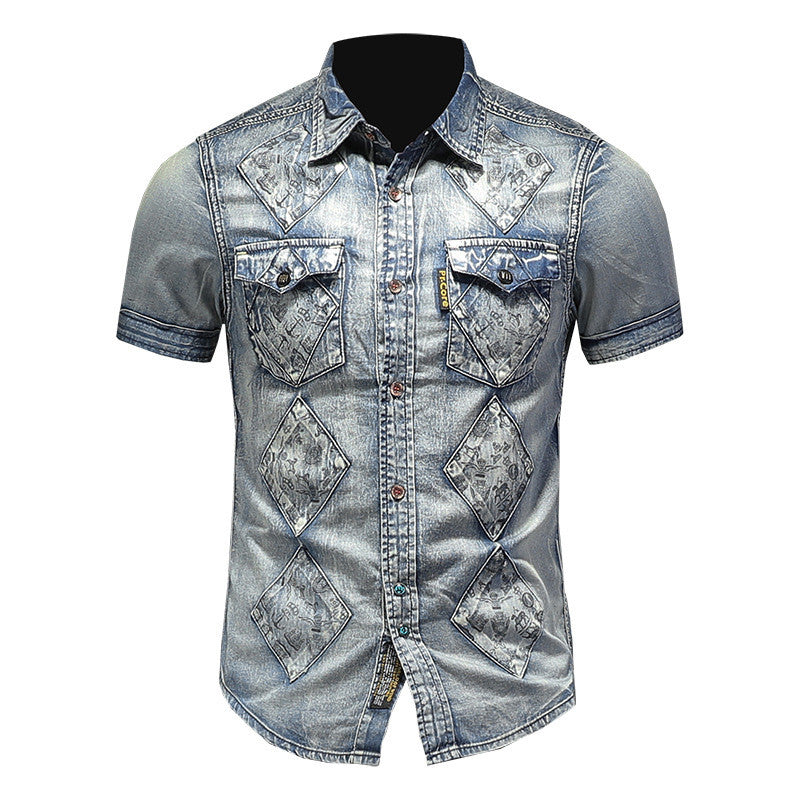 Cute Men's Denim Short Sleeve Shirt Men