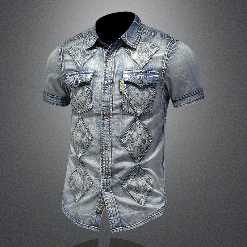 Cute Men's Denim Short Sleeve Shirt Men