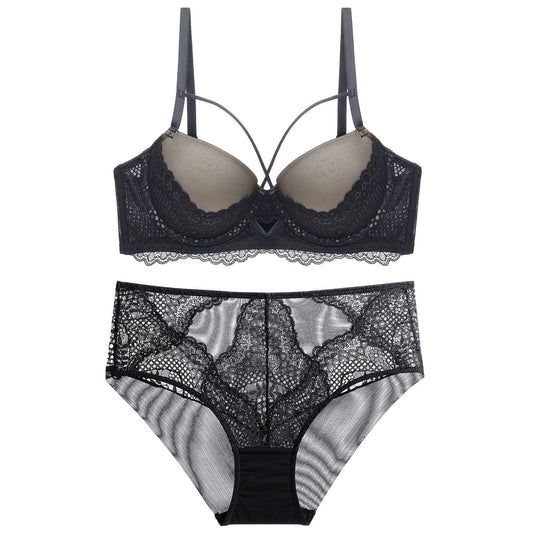 Lovely Sexy Women's French Lace Splicing Hollow-out Sexy Bra Suit Black