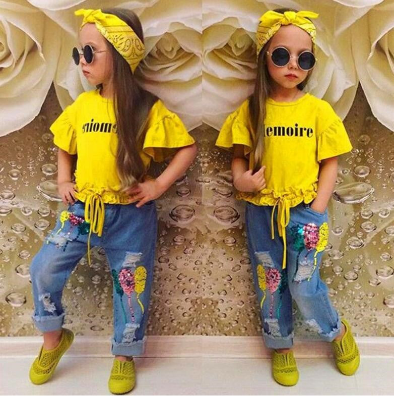 Girl's Clothing Cotton Yellow Letter T-Shirt Jeans Suit